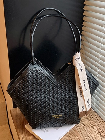 Vintage Gewebte Tote Bag Für Damen Große Kapazität PU Leder Umhängetasche Mit Banddekoration V-Förmiger Öffnung Handtasche