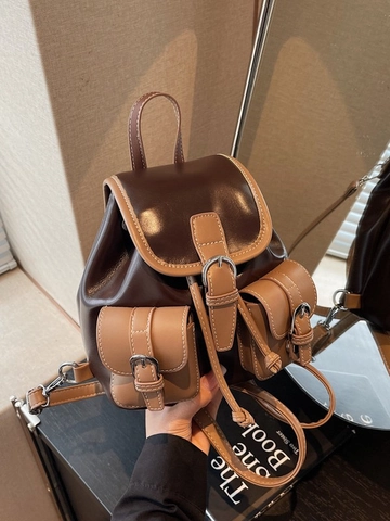 Retro Contrast Color PU Leather Mini Backpack For Women Fashion Versatile Crossbody Shoulder Bag With Metal Buckle And Drawstring