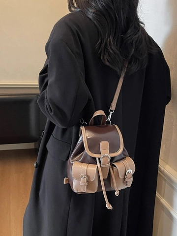 Retro Contrast Color PU Leather Mini Backpack For Women Fashion Versatile Crossbody Shoulder Bag With Metal Buckle And Drawstring