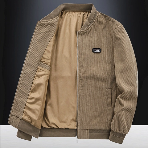 Herren Casual Cord Bomber Jacke Loose Fit Reißverschluss Baseball Mantel Rippstrick Besatz Vintage Outerwear Langarm Baumwolljacke