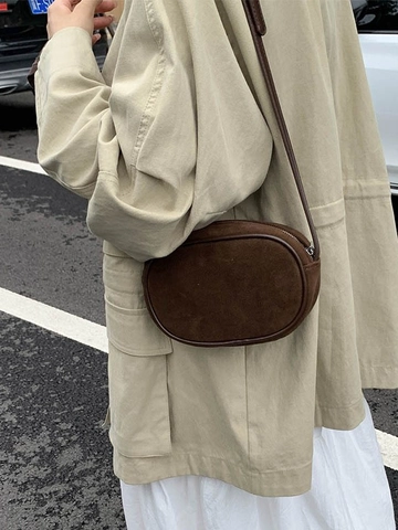 Borsa a Tracolla Minimalista in Pelle PU Bowling per Donna Vintage Tinta Unita Piccola Borsa a Spalla Chiusura a Cerniera