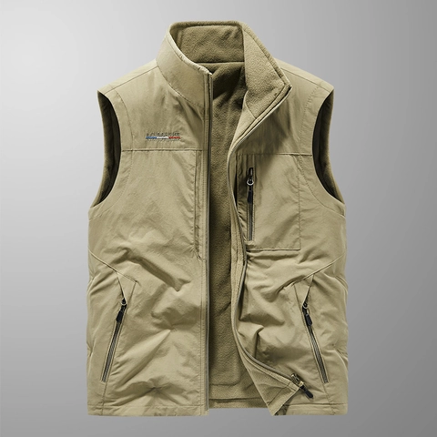 Men's Outdoor Reversible Fleece Vest Multi-Pocket Stand Collar Warm Sleeveless Jacket Casual Windproof Winter Waistcoat