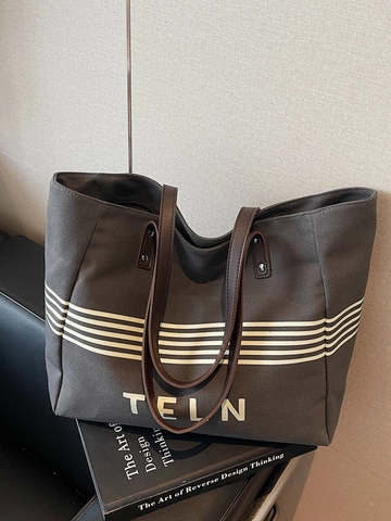 Women Large Capacity Canvas Tote Bag Striped Letter Print Shoulder Bag Minimalist Commuting Shopping Handbag With Leather Handle
