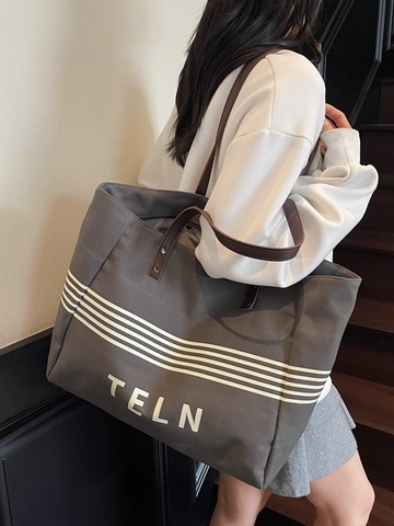 Women Large Capacity Canvas Tote Bag Striped Letter Print Shoulder Bag Minimalist Commuting Shopping Handbag With Leather Handle