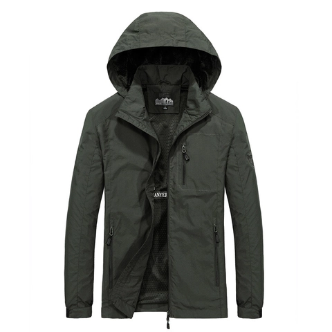 Men Casual Windproof Jacket Polyester Breathable Mesh Lining Detachable Hood Multi-Pocket Outdoor Solid Color Plus Size Coat