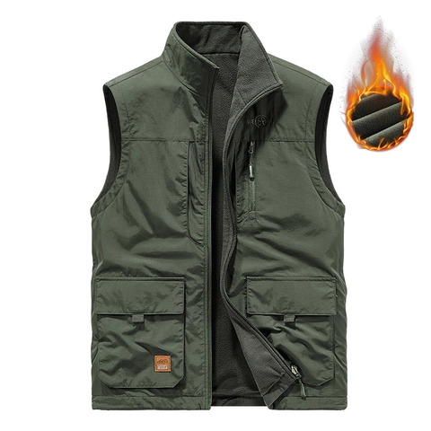 Chaleco de Felpa Reversible para Hombre con Multi-Bolsillos para Fotografía al Aire Libre Resistente al Viento Cálido Invierno Nailon