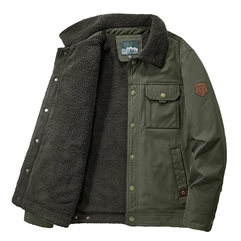 Men's Casual Fleece Lined Cargo Jacket Thick Warm Padded Outerwear Solid Color Lapel Collar Polyester Coat For Winter