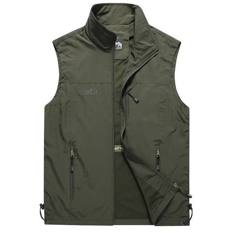 Men Outdoor Utility Cargo Vest Quick Dry Nylon Multi Pocket Fishing Photography Waistcoat Stand Collar Casual Loose Sleeveless Top