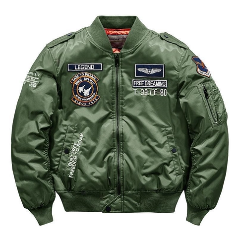 Men Retro MA-1 Flight Bomber Jacket Thick Padded Windproof Nylon Outerwear With Embroidery Patches Classic Aviator Coat