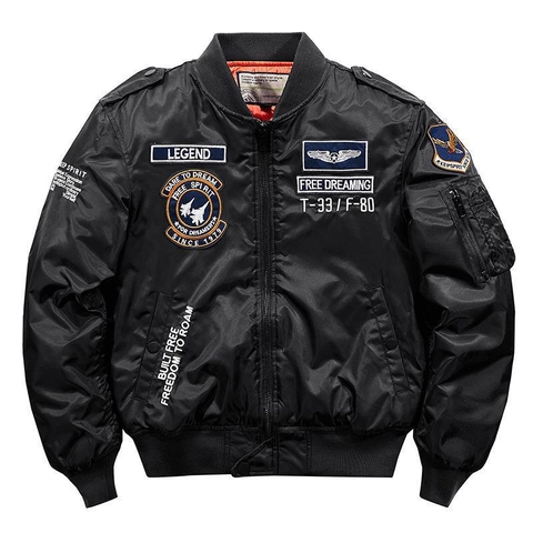 Men Retro MA-1 Flight Bomber Jacket Thick Padded Windproof Nylon Outerwear With Embroidery Patches Classic Aviator Coat