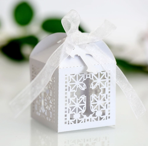 Laserschnitt Hohl Kreuz Süßigkeitenbox Perlmuttpapier Geschenkbox Mit Satinband Für Hochzeit Taufe Religiöse Party Dekoration