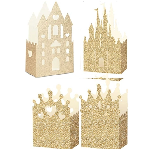 Cajas de Caramelos para Boda Forma Corazón Castillo Corona Corte Láser Purpurina Oro Caja de Regalo Papel Fiesta