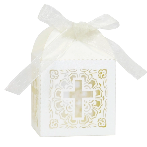 Europäischer Stil Laserschnitt Kreuz Süßigkeiten Box Mit Bandschleife Für Hochzeit Taufe Party Geschenkbox Verpackung