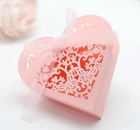 Elegante Scatola per Caramelle in Carta Perlata Tagliata al Laser a Forma di Cuore Con Fiocco per Matrimonio Festa