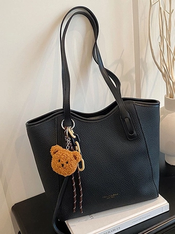 Women Large Capacity Vintage PU Leather Tote Bag Versatile Retro Shoulder Commuting Handbag With Bear Charm Fashion Purse