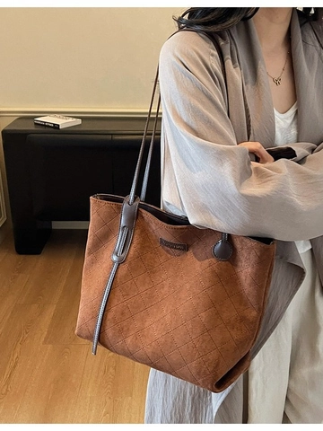 Sac Cabas de Grande Capacité en Daim Matelassé pour Femmes Motif Losange Vintage Sac à Épaule pour le Travail et l'École