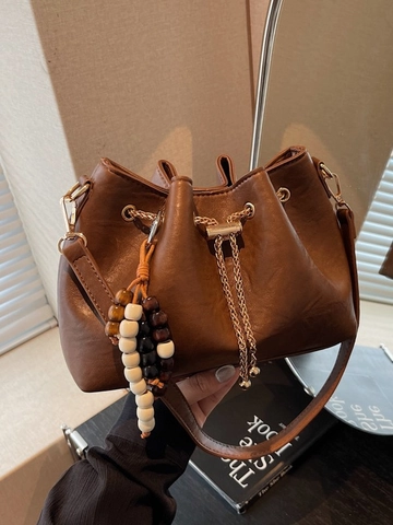 Women Korean Style PU Leather Pleated Drawstring Bucket Bag Casual Crossbody Shoulder Bag With Wooden Bead Pendant