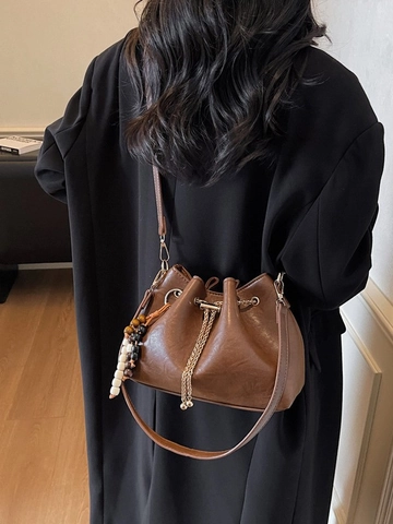 Women Korean Style PU Leather Pleated Drawstring Bucket Bag Casual Crossbody Shoulder Bag With Wooden Bead Pendant