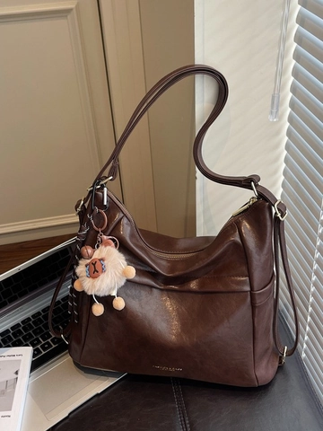 Fashion Women Large Capacity PU Leather Shoulder Bag Minimalist Vintage Hobo Tote Backpack With Plush Pendant Daily Bag