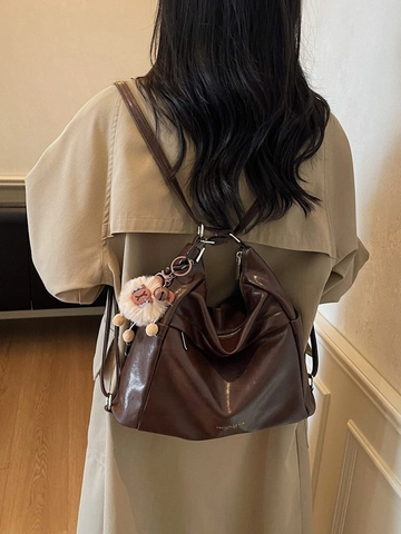 Fashion Women Large Capacity PU Leather Shoulder Bag Minimalist Vintage Hobo Tote Backpack With Plush Pendant Daily Bag