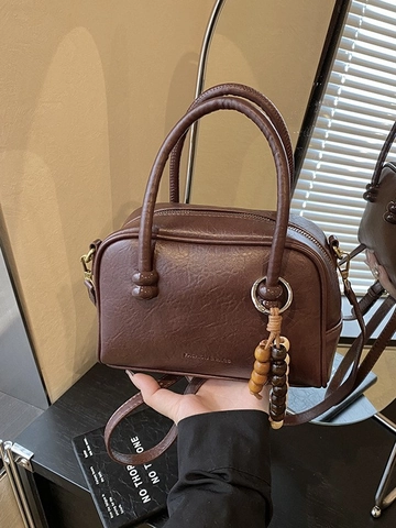 Retro PU Leather Bowling Bag For Women Vintage Chic Boston Pillow Handbag With Bead Charm Adjustable Shoulder Strap Small Crossbody Bag