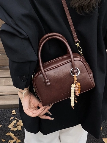 Retro PU Leather Bowling Bag For Women Vintage Chic Boston Pillow Handbag With Bead Charm Adjustable Shoulder Strap Small Crossbody Bag