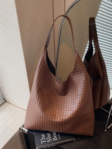 Damen Vintage Gewebte Tragetasche Große Kapazität PU Leder Hobo Schultertasche Minimalistisches Webmuster Handtasche Pendler Achseltasche