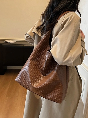 Damen Vintage Gewebte Tragetasche Große Kapazität PU Leder Hobo Schultertasche Minimalistisches Webmuster Handtasche Pendler Achseltasche