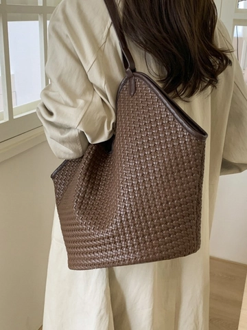 Bolso Tote de Mujer Retro de Cuero PU Tejido Gran Capacidad Minimalista Bolso de Hombro Color Sólido Bolso Hobo Para Oficina