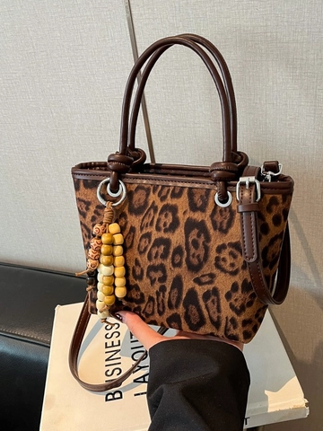 Bolso Bombonera Vintage de PU con Estampado de Leopardo Mujer Bolso de Mano Pequeño con Borla de Cuentas de Madera Textura de Gamuza