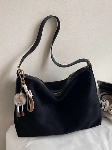 Large Capacity Suede-Look PU Tote Bag For Women Vintage Leopard Print Hobo Shoulder Bag With Plush Charm Crossbody Bag