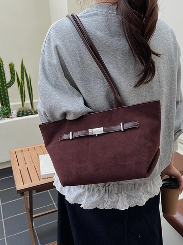 Damen Große Wildleder Tragetasche Minimalistisch Koreanisch Stil Schultertasche 2026 Vintage Handtasche Mit Metallschnalle Shopper Bag