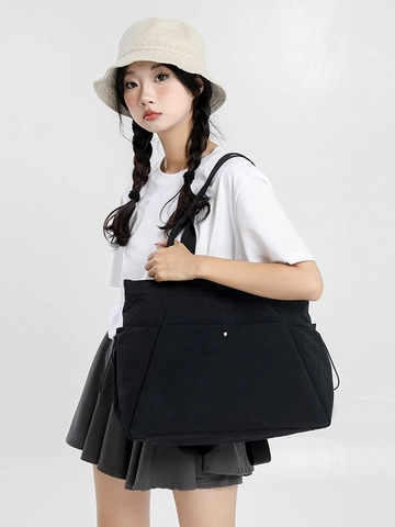 Women Large Capacity Nylon Backpack Waterproof Tote Bag Side Drawstring Multi Pocket Commuter School Handbag Lightweight Bag