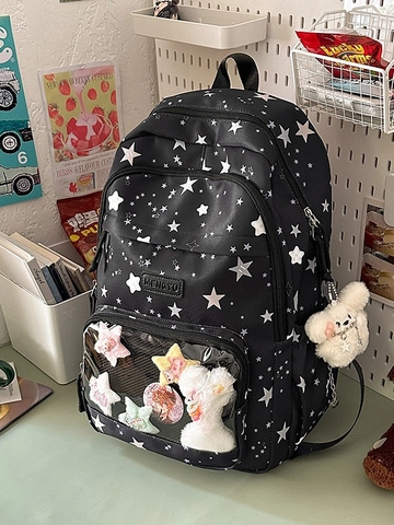 Zaino in Nylon Stile Scolastico Giapponese Con Stampa a Stelle e Tasca Trasparente Ita Bag Zaino da Studente di Grande Capacità Leggero