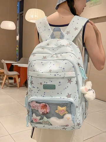 Zaino in Nylon Stile Scolastico Giapponese Con Stampa a Stelle e Tasca Trasparente Ita Bag Zaino da Studente di Grande Capacità Leggero