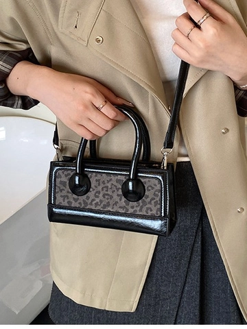 Retro PU Leather Crossbody Bag For Women Vintage Patchwork Leopard Print Small Square Handbag With Adjustable Shoulder Strap Daily Fashion Top Handle Bag