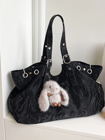 Women Large Capacity PU Tote Bag Crinkled Texture Shoulder Bag With Metal Eyelets And Plush Rabbit Charm Casual Handbag