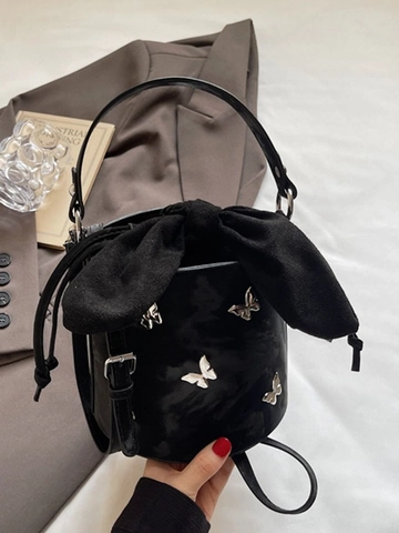 Fashion Women PU Leather Butterfly Bucket Bag Elegant Bow Drawstring Messenger Handbag Sweet Style Crossbody Purse For Daily Use