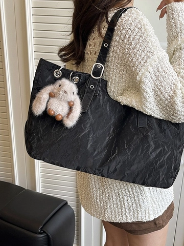 Women Large Capacity PU Tote Bag Crinkled Texture Shoulder Bag With Metal Eyelets And Plush Rabbit Charm Casual Handbag