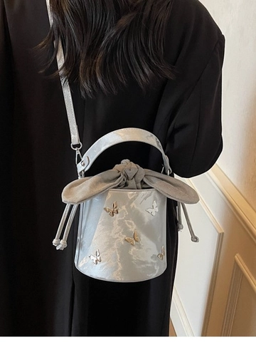 Fashion Women PU Leather Butterfly Bucket Bag Elegant Bow Drawstring Messenger Handbag Sweet Style Crossbody Purse For Daily Use
