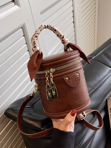 Borsa a Cilindro in Pelle PU Vintage Donna Manico con Sciarpa Leopardata Borsa a Mano Casual a Tracolla con Chiusura in Metallo