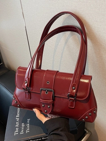 Bolso de Axila de Cuero PU Vintage para Mujer Gran Capacidad Diseño de Nicho Remaches Hebilla Metálica Bolso de Hombro Color Sólido Conmutador
