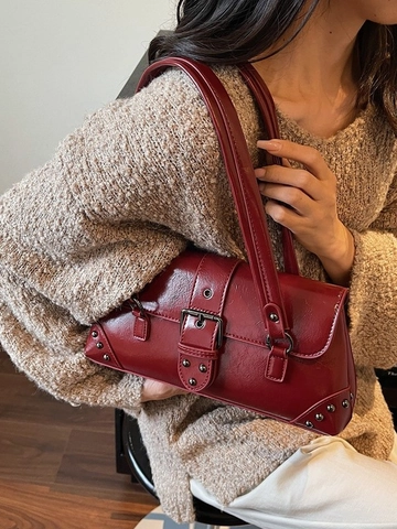 Bolso de Axila de Cuero PU Vintage para Mujer Gran Capacidad Diseño de Nicho Remaches Hebilla Metálica Bolso de Hombro Color Sólido Conmutador