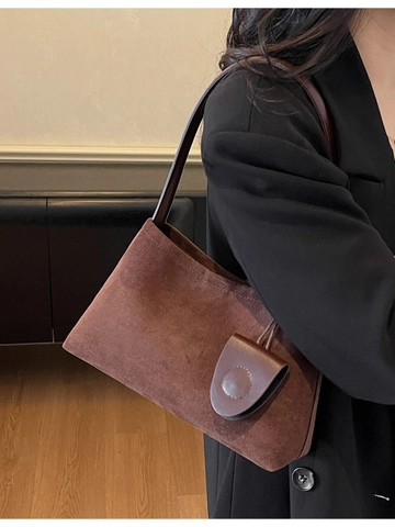 Vintage PU Suede Textured Shoulder Bag For Women Large Capacity Minimalist Underarm Bag Casual Commuter Tote With Pendant