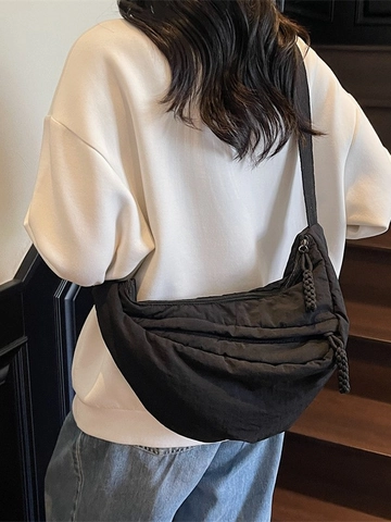 Minimalist Lightweight Crescent Crossbody Bag For Women Large Capacity Pleated Cotton Texture Daily Commuting Shoulder Bag