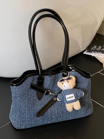 Bolso Tote de Mezclilla de Gran Capacidad para Mujer Ribete de Contraste Bolso de Hombro con Colgante de Oso Bolso de Moda