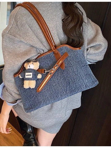 Bolso Tote de Mezclilla de Gran Capacidad para Mujer Ribete de Contraste Bolso de Hombro con Colgante de Oso Bolso de Moda