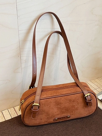 French Vintage Women Faux Suede PU Shoulder Bag Retro Boston Bag Elegant Underarm Bag Minimalist Commute Handbag For Ladies