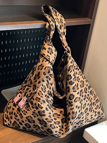 Vintage Suede Leopard Print Large Capacity Tote Bag For Women Casual Shoulder Crossbody Bag Printed Travel Hobo Bag