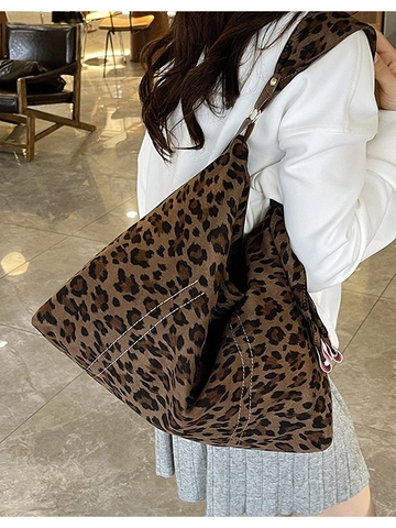 Vintage Suede Leopard Print Large Capacity Tote Bag For Women Casual Shoulder Crossbody Bag Printed Travel Hobo Bag